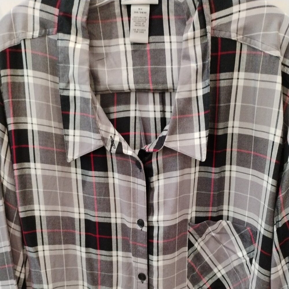 Catherines Black/Gray Plaid Button Shirt Rayon-Adjustable Sleeve-5X-Cabincore - Picture 3 of 5
